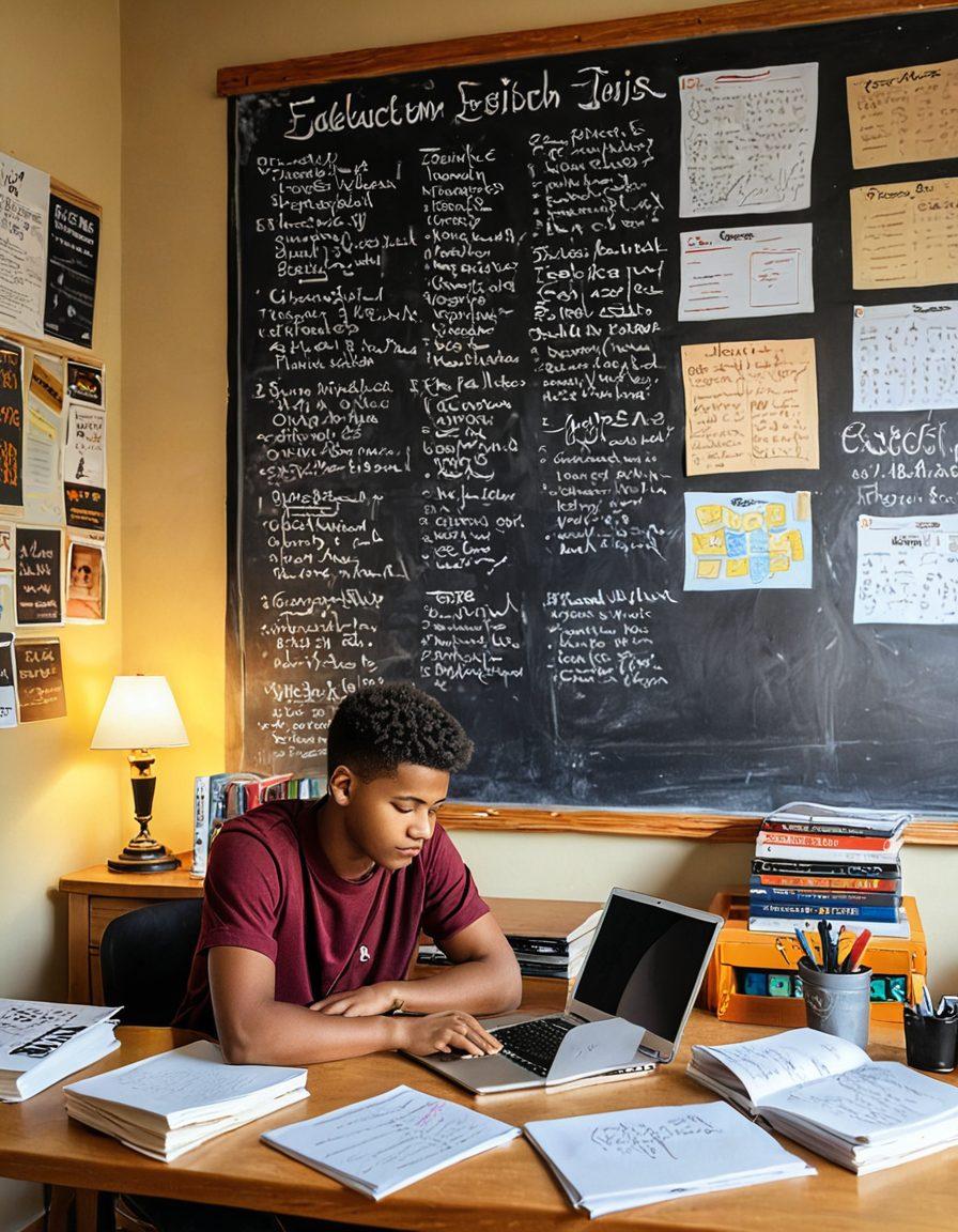 A thoughtful student sitting at a desk surrounded by books, laptop, and notes, with a wall filled with university logos and funding opportunity flyers. A motivational quote about education on a chalkboard in the background, soft sunlight filtering through a window, creating an inspiring atmosphere. super-realistic. warm colors. cozy workspace.