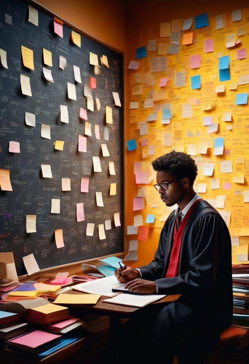 A graduate student surrounded by piles of books and papers, engaging with a glowing digital tablet displaying various grant and fellowship icons. The background features a wall filled with sticky notes of research ideas and a chalkboard with diagrams. The atmosphere is inspiring, with a soft warm light illuminating the scene, symbolizing knowledge and opportunity. super-realistic. vibrant colors. soft lighting.