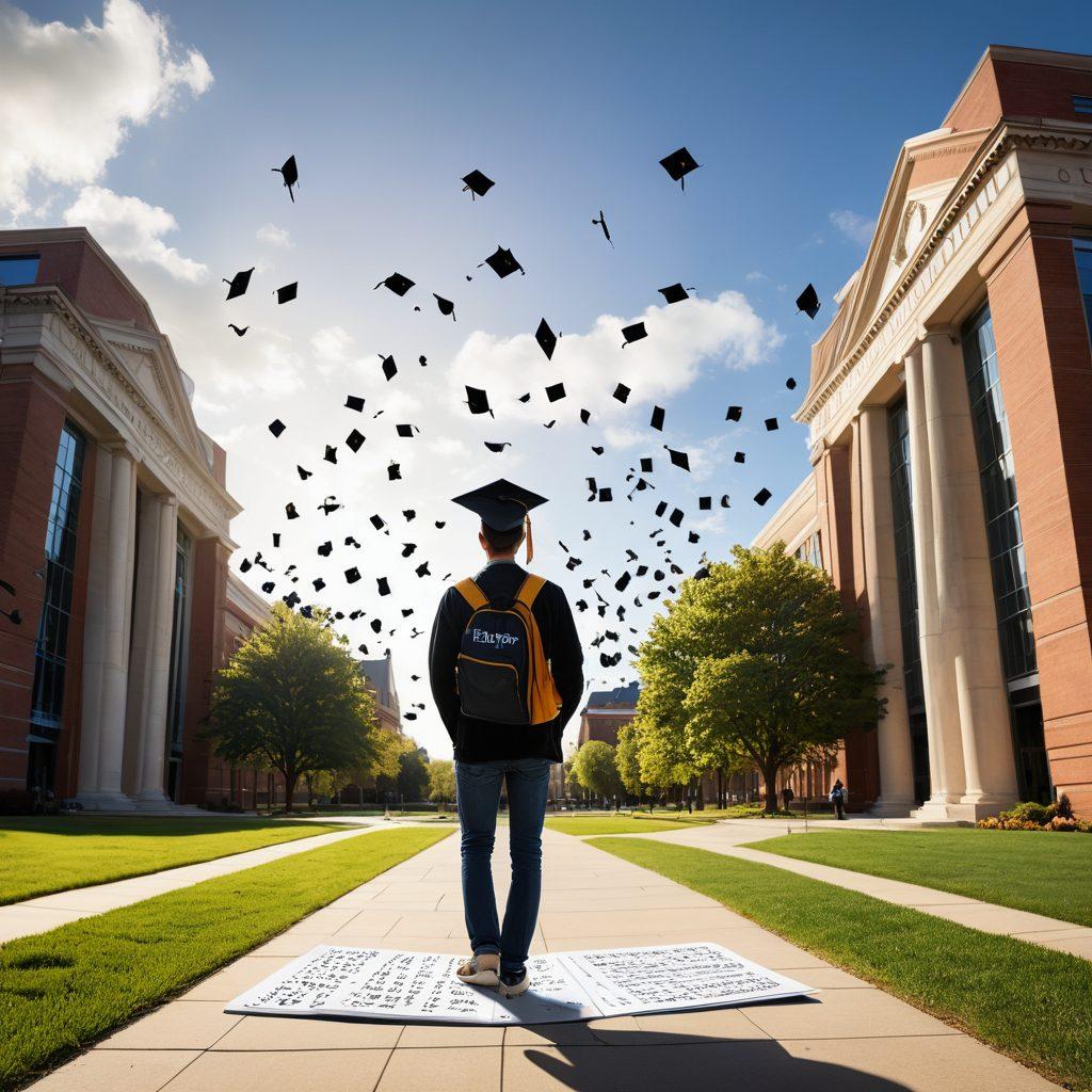 A student standing at a crossroads, surrounded by scholarly symbols like books, pens, and a graduation cap, looking thoughtfully at two paths labeled 'Research Opportunities' and 'PhD Admissions'. The background features an academic building and a sunny sky. The scene conveys a sense of choice and aspiration. vibrant colors. super-realistic. white background.